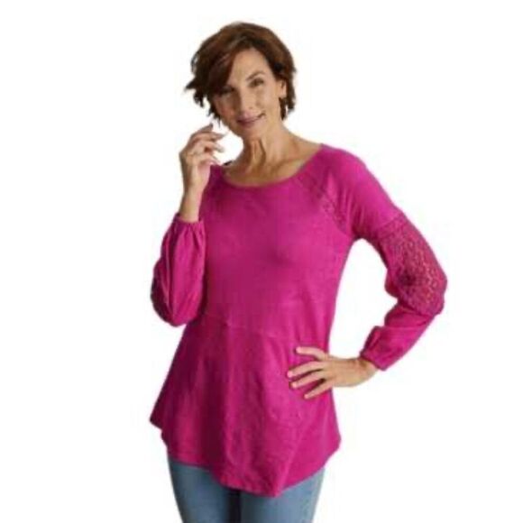 Soft Surroundings Bella Tunic top shirt bamboo fuchsia pink lace sleeve Sz M - Picture 2 of 8